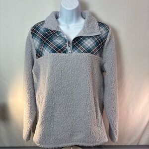 Vera Bradley Teddy Fleece Half-Zip Pullover Snowy Plaid Gray Medium EUC